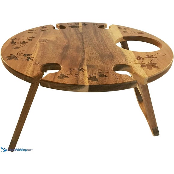Outdoor 16" Wine Table, Acacia Wood Portable Wine Table, Bottle & 4 Glasses - Picture 1 of 4
